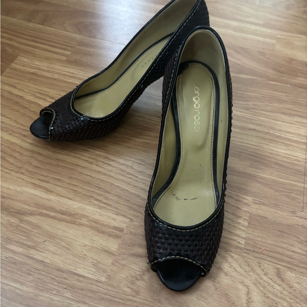 Sergio Rossi Black Woven Peep-Toe Heels